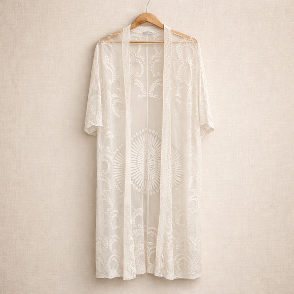 Dex Other - DEX Lace Kimono Duster Ivory Sheer Embroidered Maxi Open  Boho Layering Cardigan